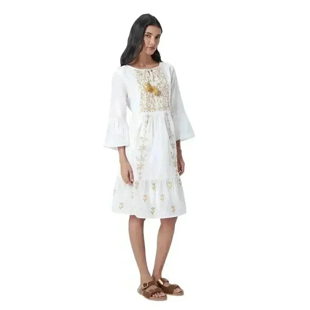 LOV Women's Off-White Cotton & Gold Floral-Embroidered Dress